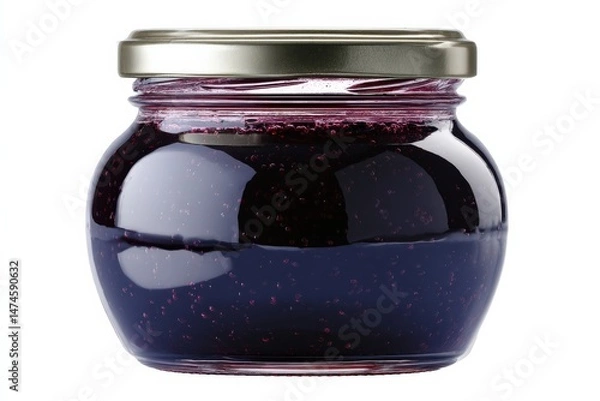 Fototapeta Jar of dark purple jam or preserves with a metallic lid.