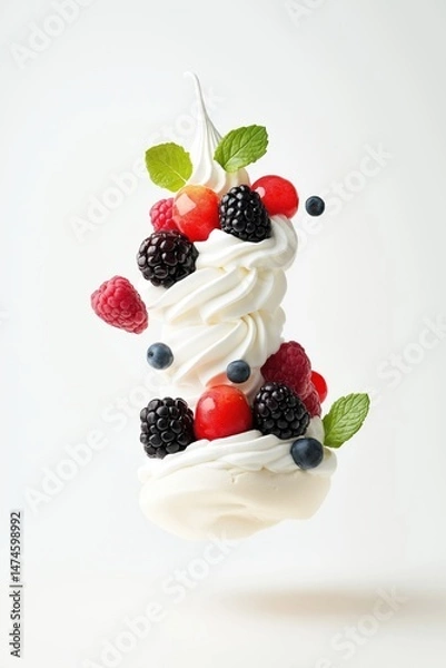Obraz Deconstructed pavlova dessert with levitating meringue pieces, whipped cream, and mixed berries