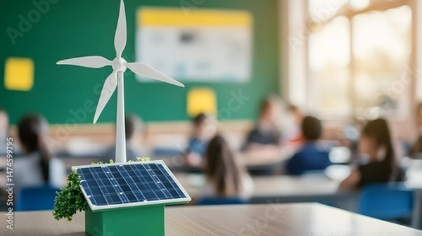 Fototapeta Classroom display of renewable energy models.