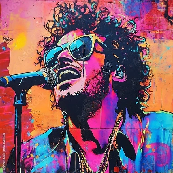 Fototapeta Pop art graffiti of a music legend with exaggerated neon colors.