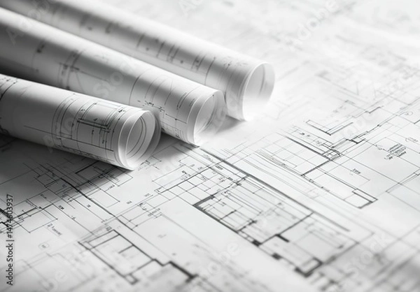Fototapeta Rolled architectural drawings on an unfolded floor plan with black-and-white lines and construction details.