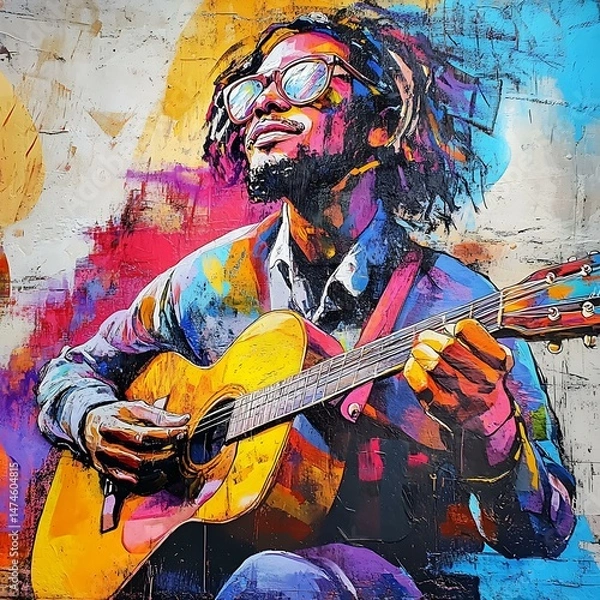 Fototapeta A street art portrait of a musician playing a guitar with vibrant colors.