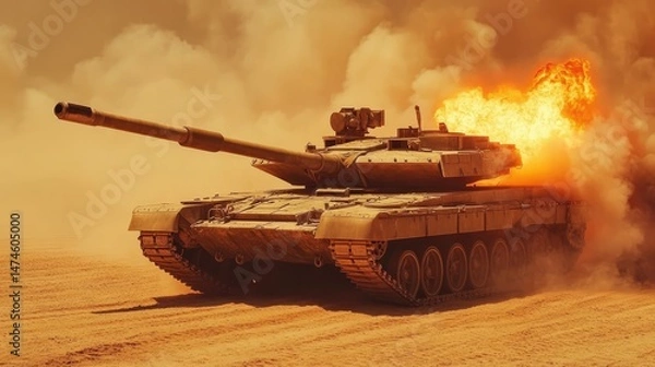Fototapeta a close up of a tank with a gun on a desert field, futuristic battle tank, futuristic tank is on fire