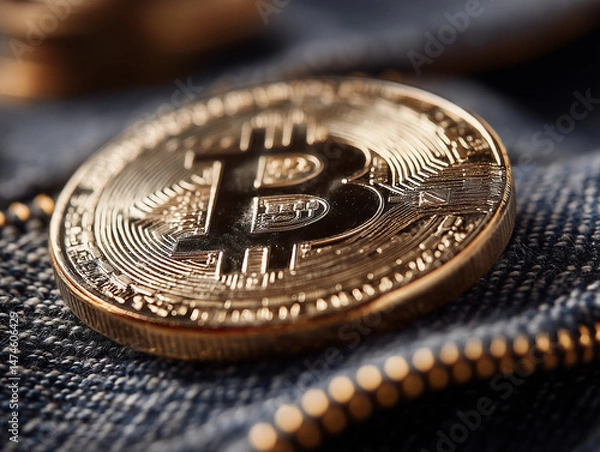 Fototapeta Moeda física de Bitcoin sobre fundo neutro, com destaque para o símbolo e textura metálica. A imagem representa a fusão entre o dinheiro tradicional e o futuro das finanças digitais
