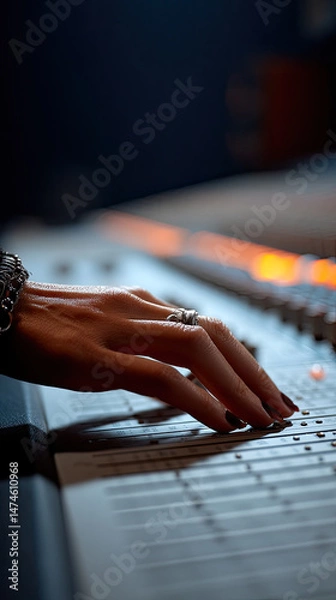 Fototapeta Hand adjusting sound mixer in studio