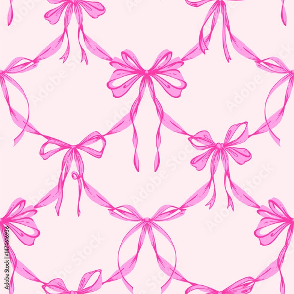 Fototapeta Pink Ribbon Bow Garland Seamless Pattern. Coquette, Vintage and feminine design with hand-drawn garland of pink bows. Rococo aesthetics for romantic background. Fabric prints, gift wrap