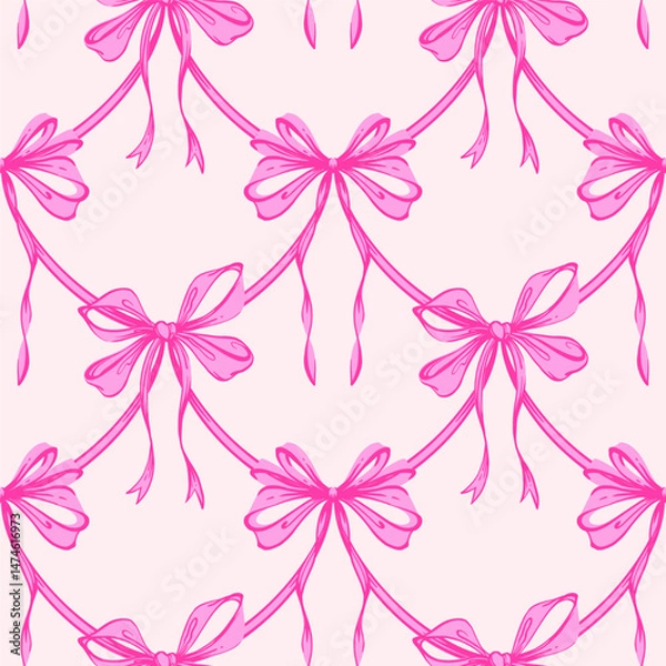 Fototapeta Pink Ribbon Bow Garland Seamless Pattern. Coquette, Vintage and feminine design with hand-drawn garland of pink bows. Rococo aesthetics for romantic background. Fabric prints, gift wrap