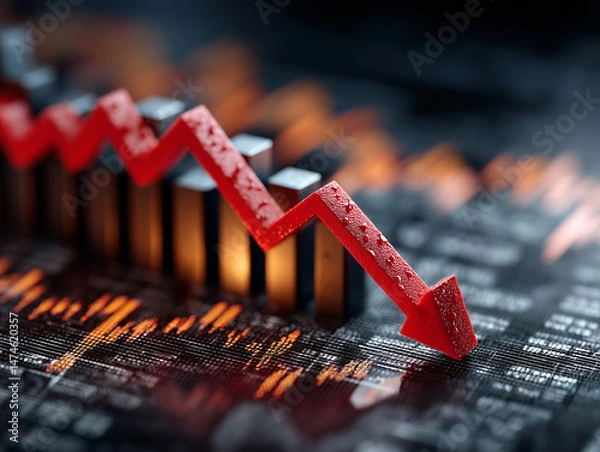 Fototapeta Foto de gráfico com setas para baixo representando perda financeira, retração nos investimentos ou queda de desempenho. Visual ideal para conceitos de alerta econômico e crise