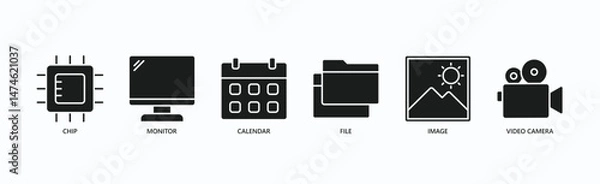 Fototapeta Digital Essentials Icon Set Isolated Vector Illustration Concept With Icon Of Chip, Monitor, Calendar, File, Image, Video Camera In Glyph Style