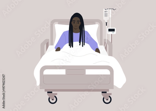 Obraz In a hospital environment, a young patient lies in bed, displaying a mix of emotions as they receive medical attention from staff, highlighting their strength during recovery