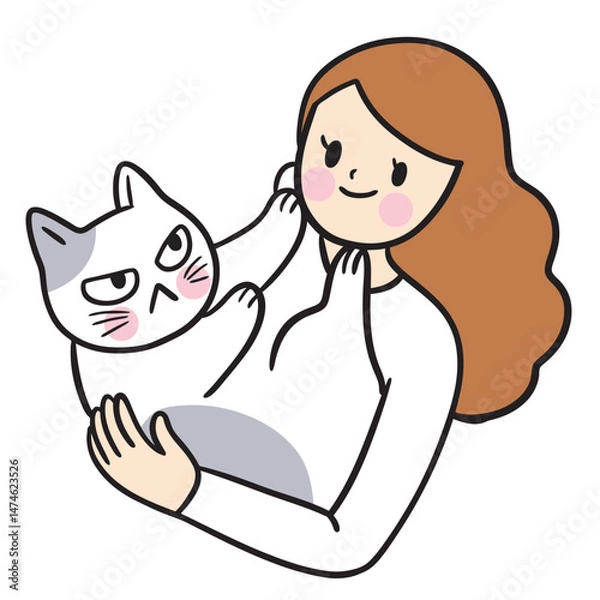 Obraz Cute cartoon lines of a woman and a cat on a happy day.
