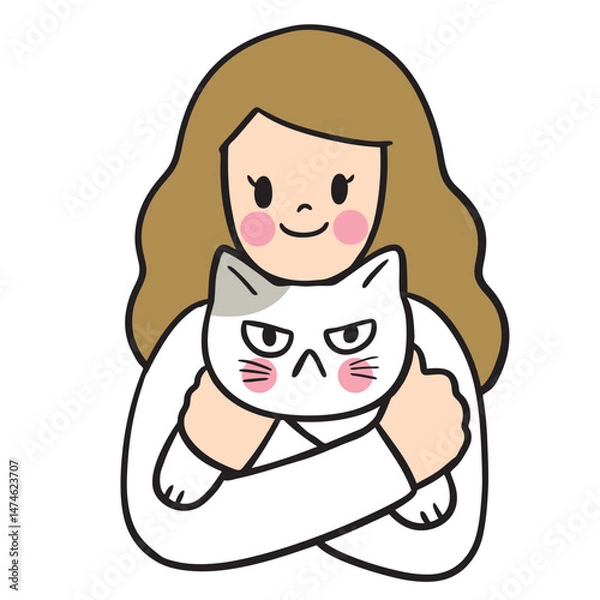 Obraz Cute cartoon lines of a woman and a cat on a happy day.