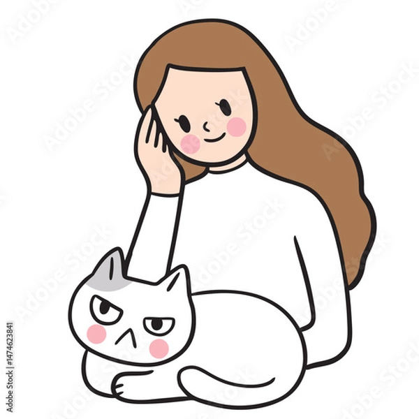 Obraz Cute cartoon lines of a woman and a cat on a happy day.