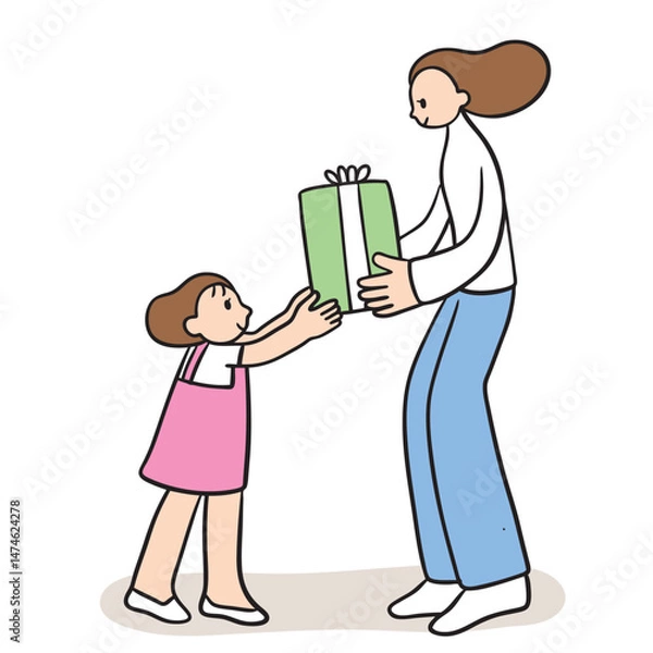 Obraz Cute cartoon lines of mother and daughter on a happy day.