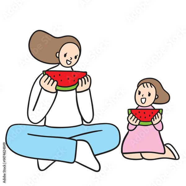 Obraz Cute cartoon lines of mother and daughter on a happy day.