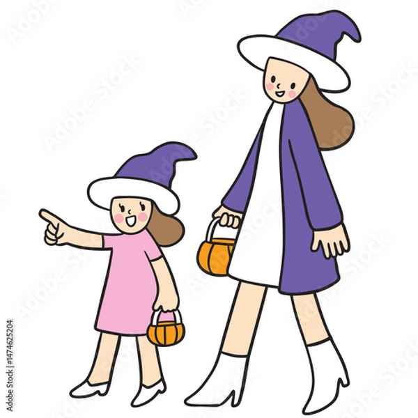 Obraz Cute cartoon lines of mother and daughter on a happy day.