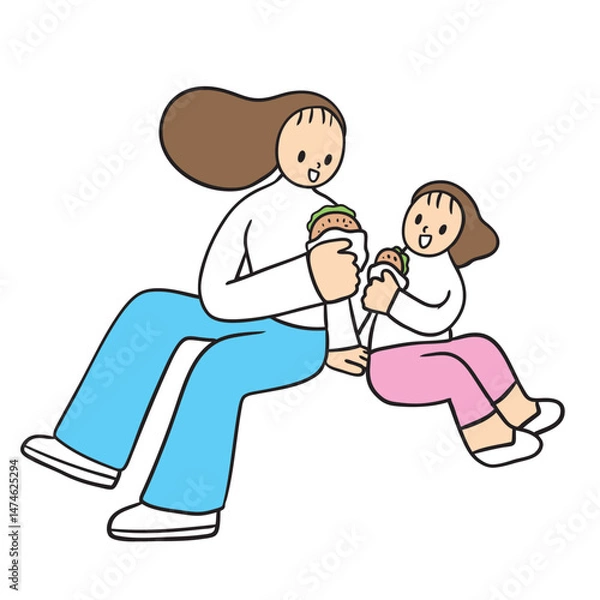 Obraz Cute cartoon lines of mother and daughter on a happy day.