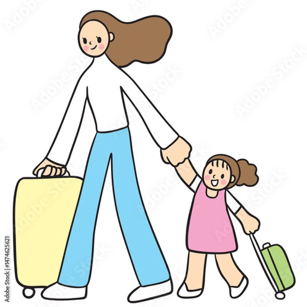 Obraz Cute cartoon lines of mother and daughter on a happy day.