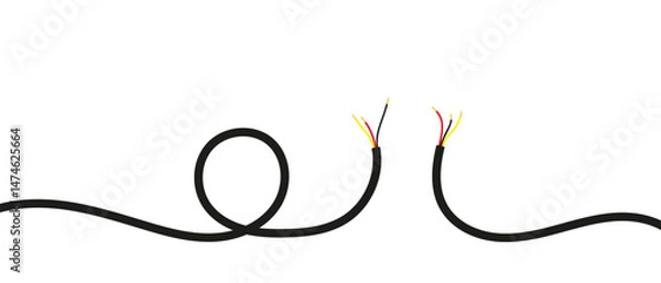 Obraz Broken black cable with exposed red, yellow, and black wires on a white background, symbolizing disconnection or repair concept.