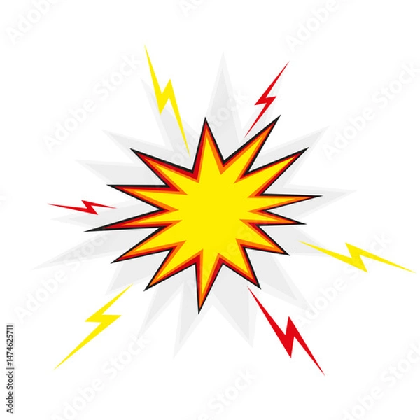 Obraz Comic-style explosion with yellow starburst, red outline, and lightning bolts on white background — dynamic burst or impact illustration.