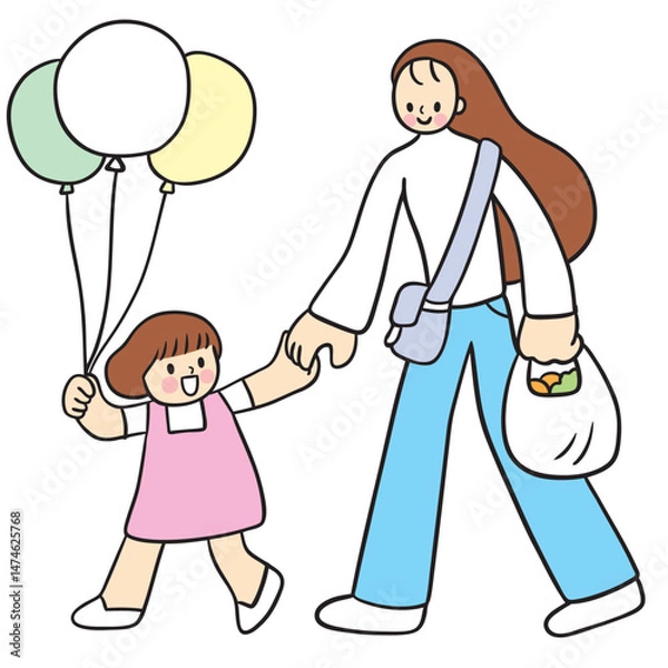 Obraz Cute cartoon lines of mother and daughter on a happy day.