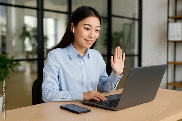 Obraz Asian businesswoman making video call on laptop while working remotely from modern office