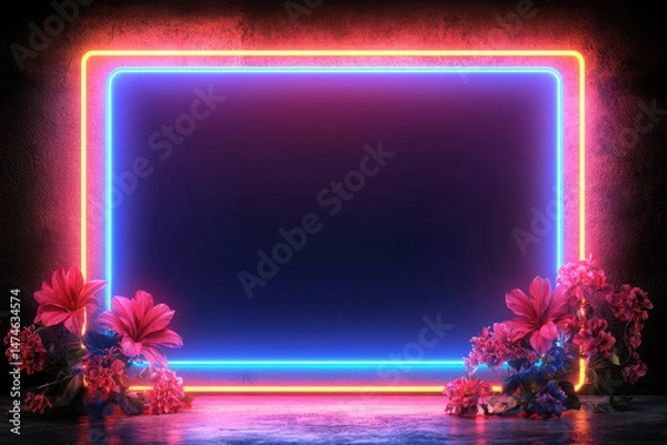 Obraz Bright neon frame with flowers in dark space