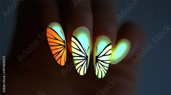 Fototapeta Colorful and Creative Nail Art with Butterfly Design on Elegant Long Fingernails