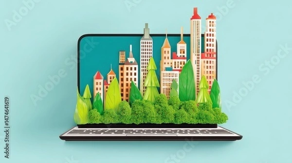 Fototapeta Digital Cityscape Creation with Lush Green Trees Emerging from a Modern Laptop Display