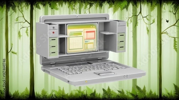 Fototapeta Vintage Laptop in a Lush Green Forest Setting with Open Drawers and Retro Screen Display