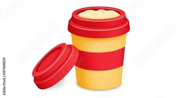 Fototapeta Colorful Container for Ice Cream or Yogurt with Lid Cap in Bright Red and Yellow Design
