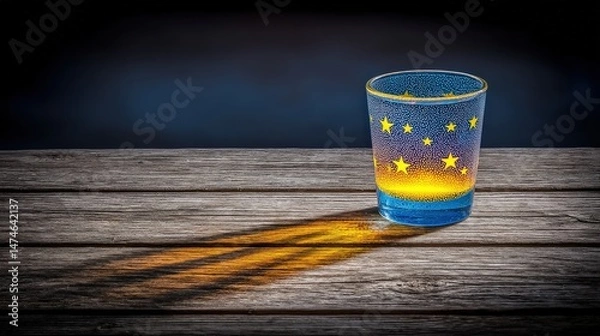 Fototapeta Colorful glass with stars creating intriguing shadow on wooden table in dimly lit environment