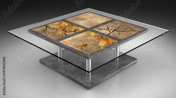 Fototapeta Artistic Coffee Table with Unique Textured Surface Design and Modern Clear Glass Top