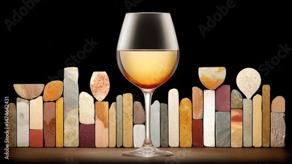 Fototapeta Elegant Glass of Wine Surrounded by Colorful Stone Shapes on Dark Background