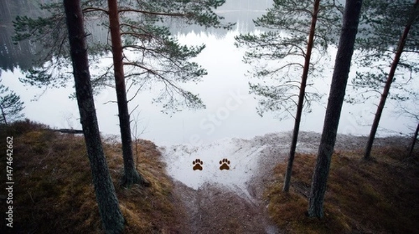 Fototapeta Tranquil Forest Path Leading to The Calm Water with Animal Paw Prints on the Shoreline