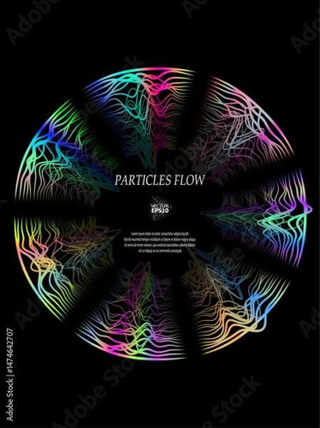 Fototapeta Colored sound waves from particles on a black background. Contrast emphasizes the difference in structure. Abstract style, sound design, data visualization.