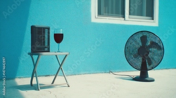 Fototapeta Wine Glass and Fan on Table with Blue Wall Background in Bright Summer Setting