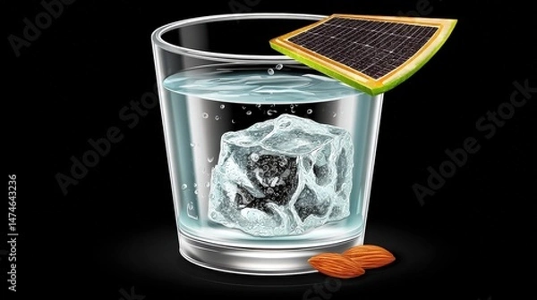 Fototapeta Refreshing Beverage with Ice, Citrus Slice, Almonds, and Solar Energy Concept in Background