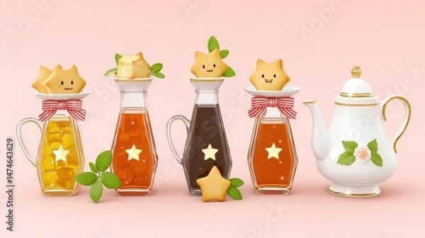 Fototapeta Sweet and Colorful Treats with Star-Shaped Cookies and Elegant Teapot on Soft Pink Background