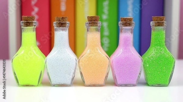 Fototapeta Colorful Glitter Bottles Displayed in a Bright and Cheerful Setting with Blurred Background