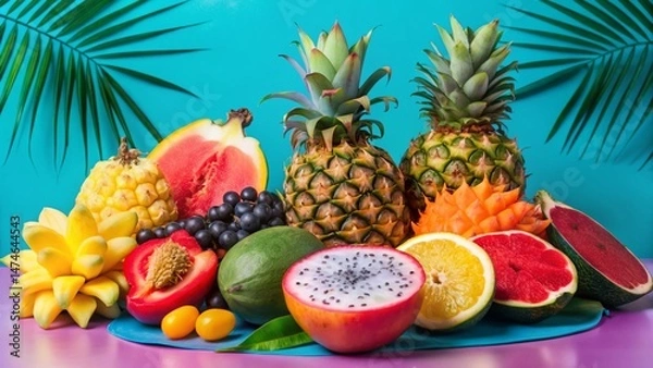 Fototapeta Vibrant Tropical Fruits on White Background: Mango, Pineapple, Papaya, and More