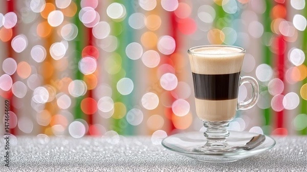 Fototapeta Elegant Glass Coffee with Cream Layer on a Shimmering Table against Colorful Bokeh Background