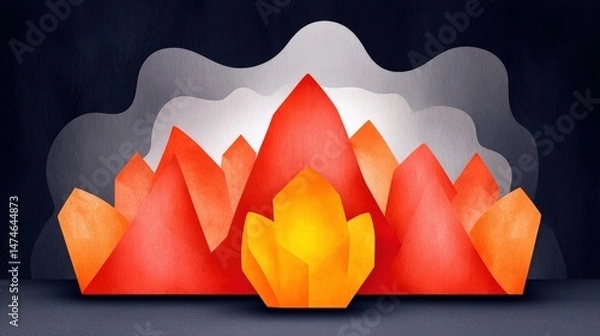 Fototapeta Abstract illustration of vibrant mountains with geometric shapes and a fiery color palette
