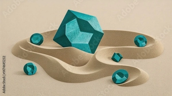 Fototapeta Geometric turquoise shapes on sandy background creating an artistic element of nature and design