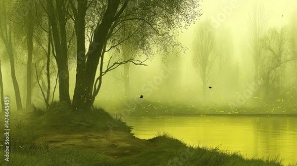 Fototapeta Misty Forest Landscape with Luminous Green Light and Tranquil River Reflections at Dawn