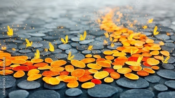 Fototapeta Pathway of Vibrant Orange Petals and Butterflies on a Textured Stone Surface in Soft Focus