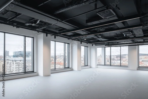 Obraz Empty office space with large windows and exposed ceiling in a building.