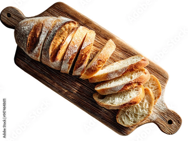 Fototapeta Sliced bread on wooden cutting board, white isolate background