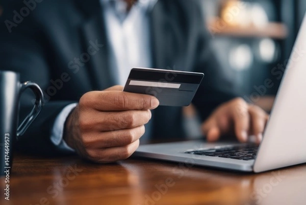 Obraz Person holds credit card using laptop computer on wooden desk with mug.
