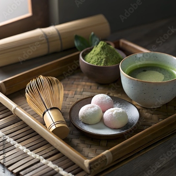 Obraz Traditional Japanese Tea Ceremony with Sweets and Matcha